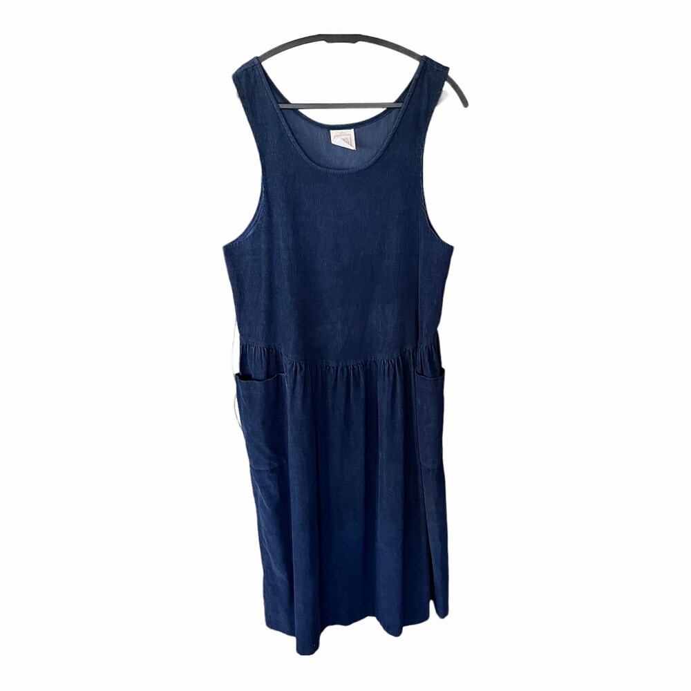 Pams Closet Vintage Navy Blue Corduroy Overalls Jumper Dress Size Medium Pockets